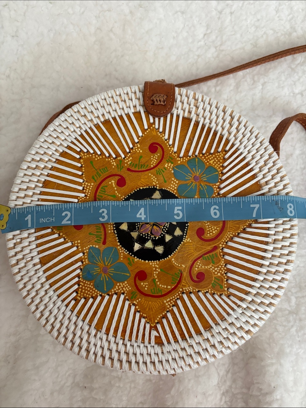 Woven Round Crossbody Bag in White with Tan Strap - Picture 8 of 8
